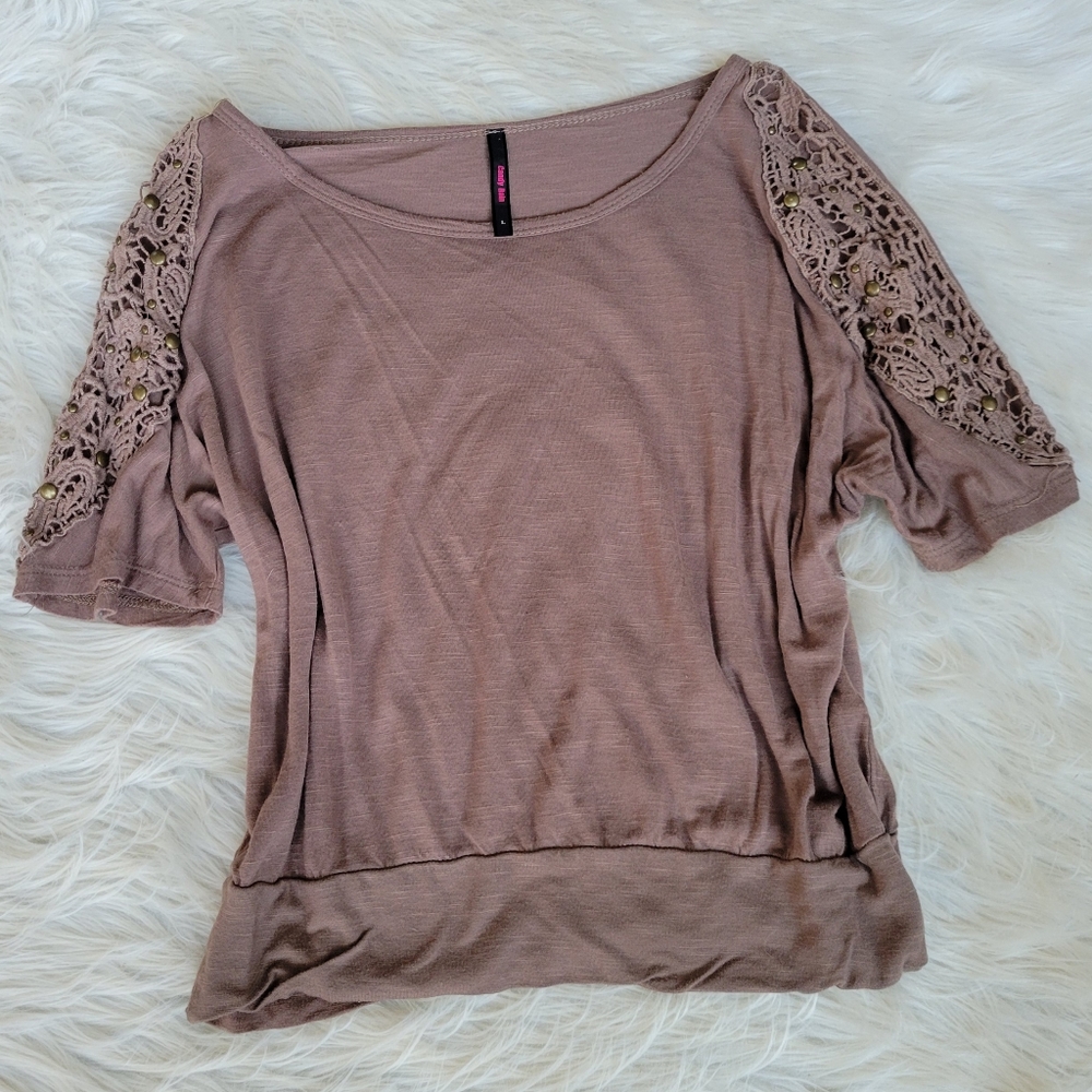 Brown Crochet Top Banded Hem Studded Scoop Neck L